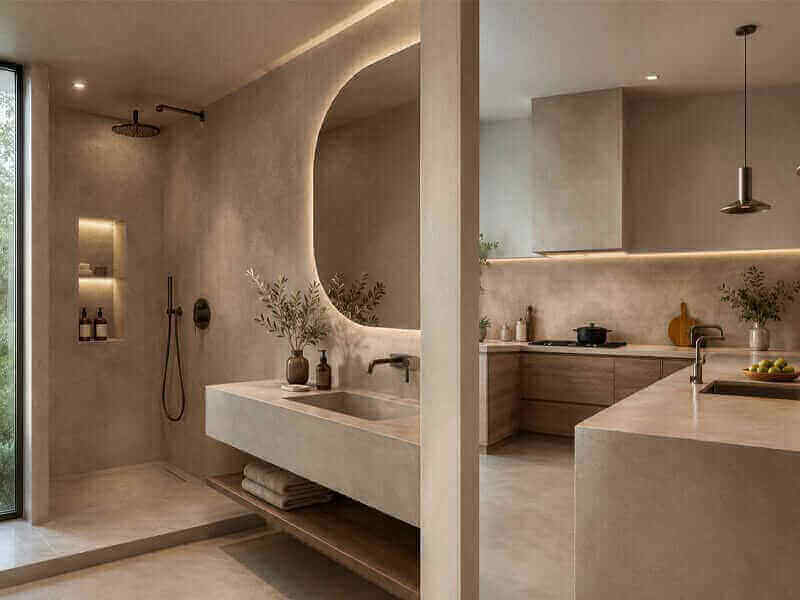immagine di un bagno e una cucina realizzati in resina