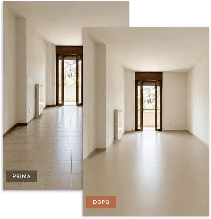 immagine prima e dopo posa della resina sul pavimento di una stanza