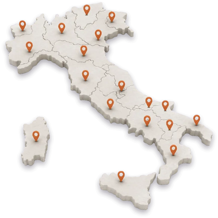 immagine 3d della mappa dell'Italia con pin nelle varie regione per servizio attivo su tutto il territorio nazionale