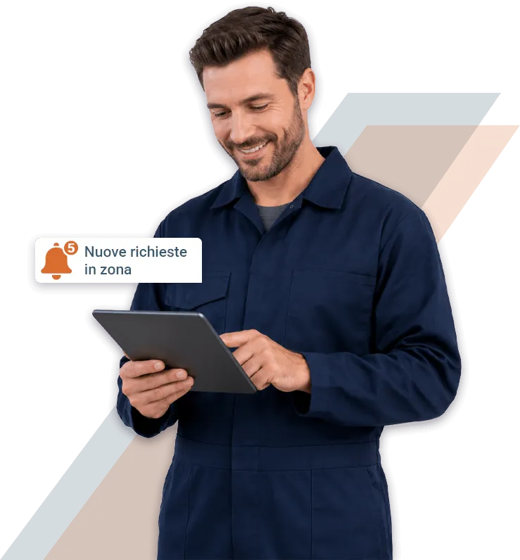 operatore resina sorridente con tablet in mano e notifica 5 nuove richieste