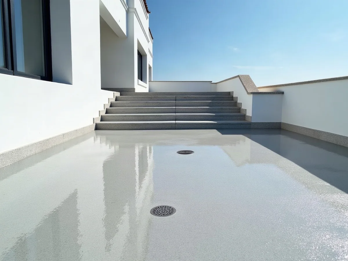 Terrazzo esterno con scale e scarico rivestiti in resina poliuretanica antiscivolo dopo la pioggia