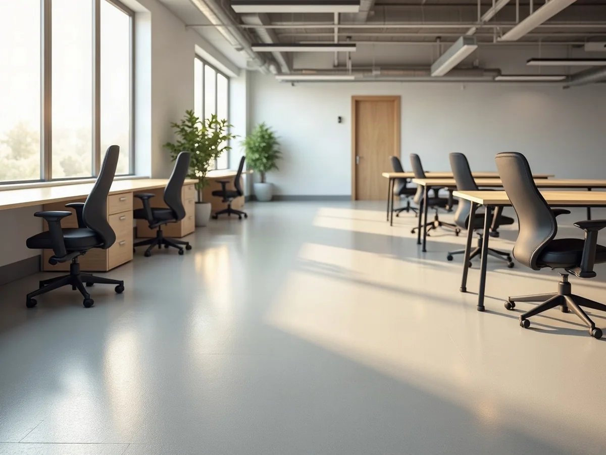 Ufficio open space con pavimento in resina poliuretanica opaca continua e sedie girevoli